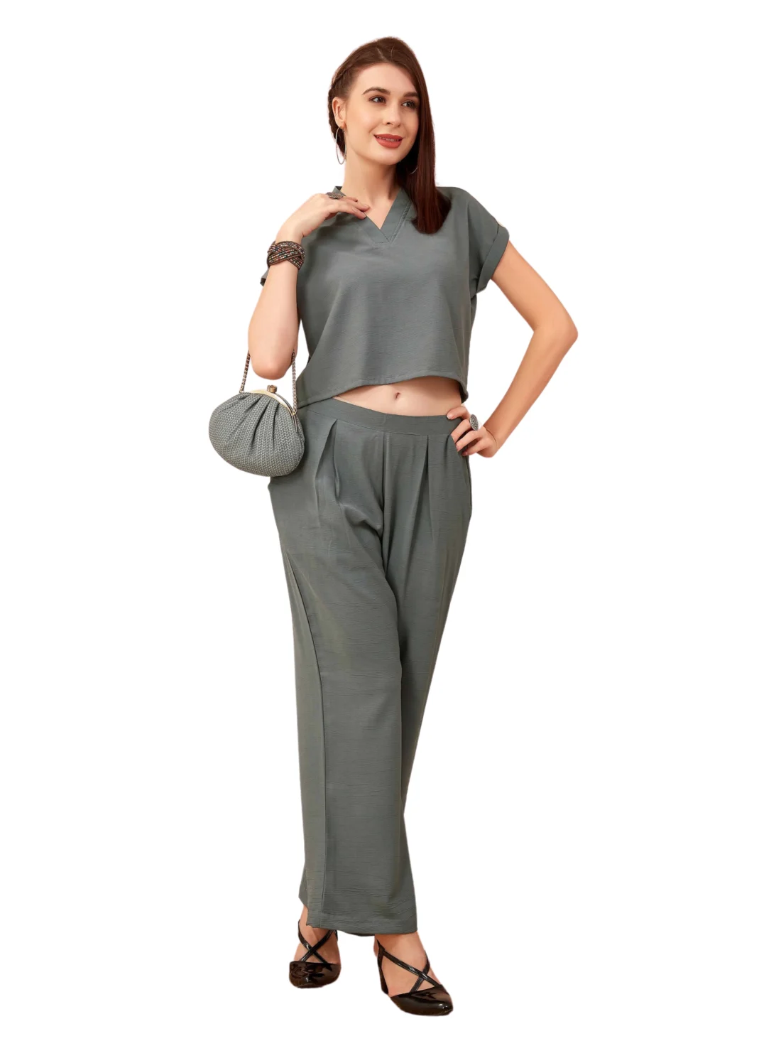 Elaaraa Solid Weaved Coords Set - Stylish Front Side Quick Full View - DarkGray