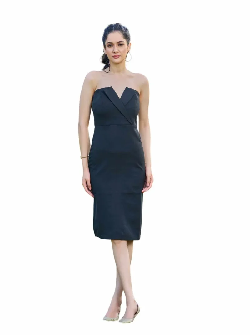 Elaaraa Style Strapless Crepe Dress - Simple Front Side Full View - Black