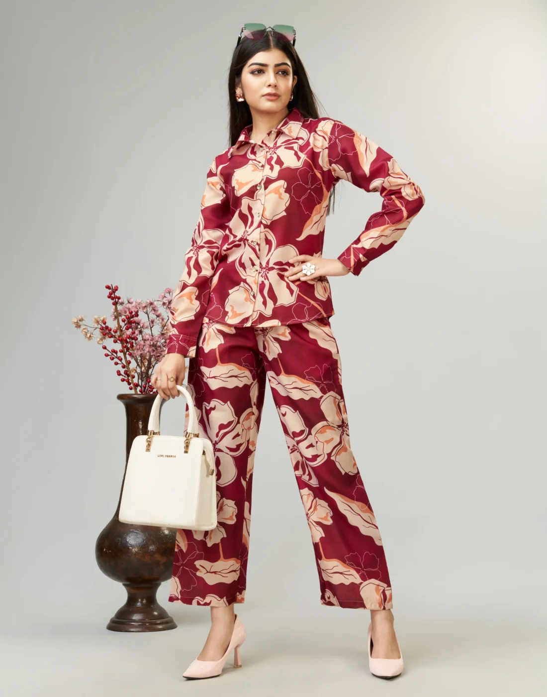 Elaaraa Cotton Blend Co-ord Set - Stylish Front Side Full Cross View