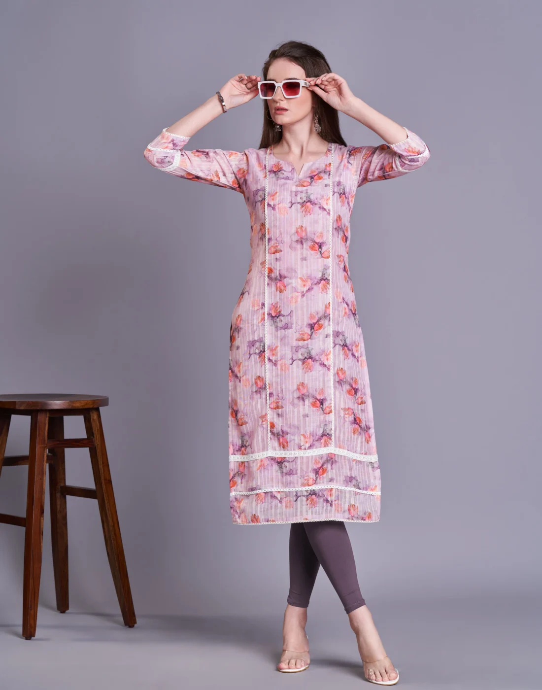 Elaaraa EcoLinen Kurti - Modern Front Side View - Pink