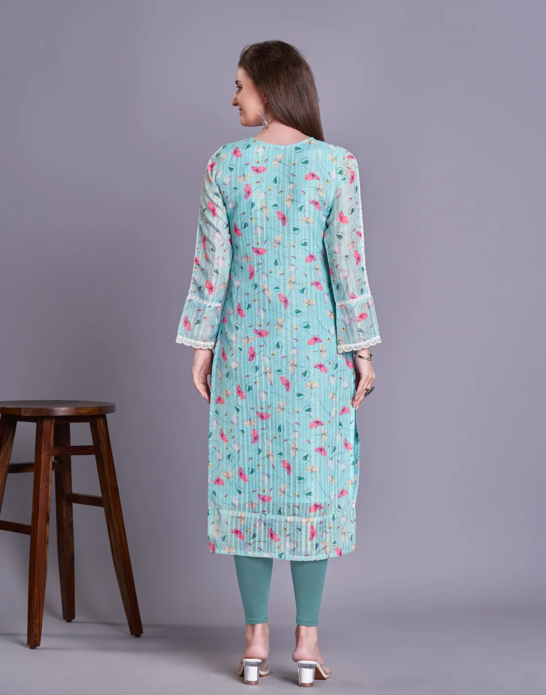 Elaaraa EcoLinen Kurti - Simple Back Side Full View - Blue