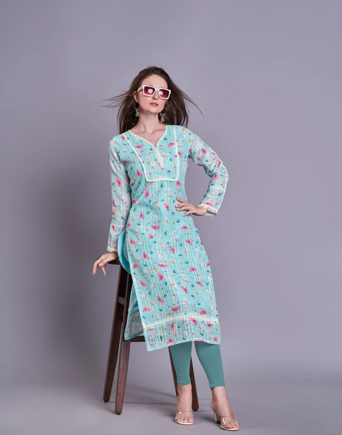 Elaaraa EcoLinen Kurti - Modern Front Side View - Blue