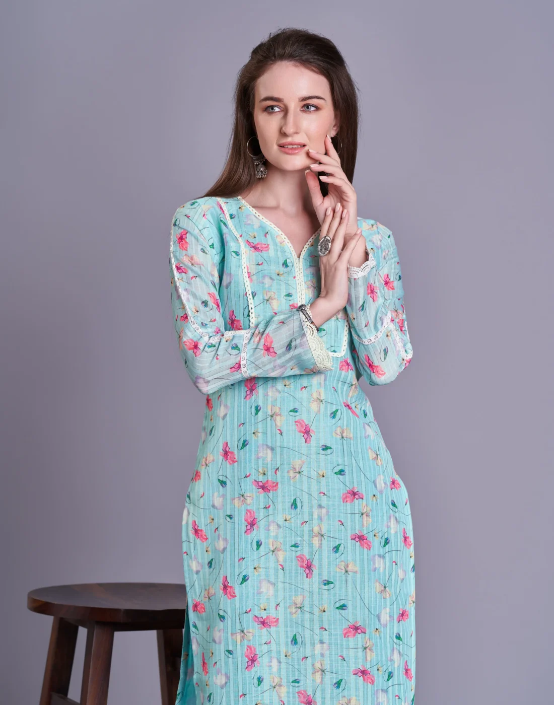 Elaaraa EcoLinen Kurti - Simple Front Side Quick View - Blue