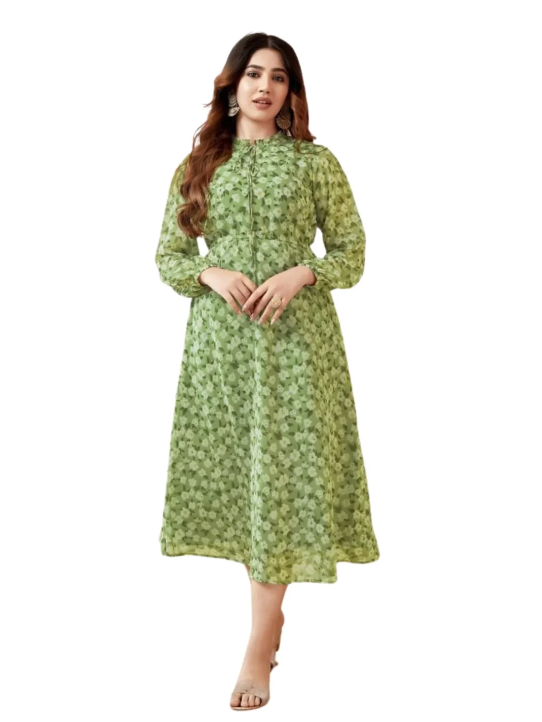 Elaaraa Pista Green Printed Dress - Simple Front Side Full View