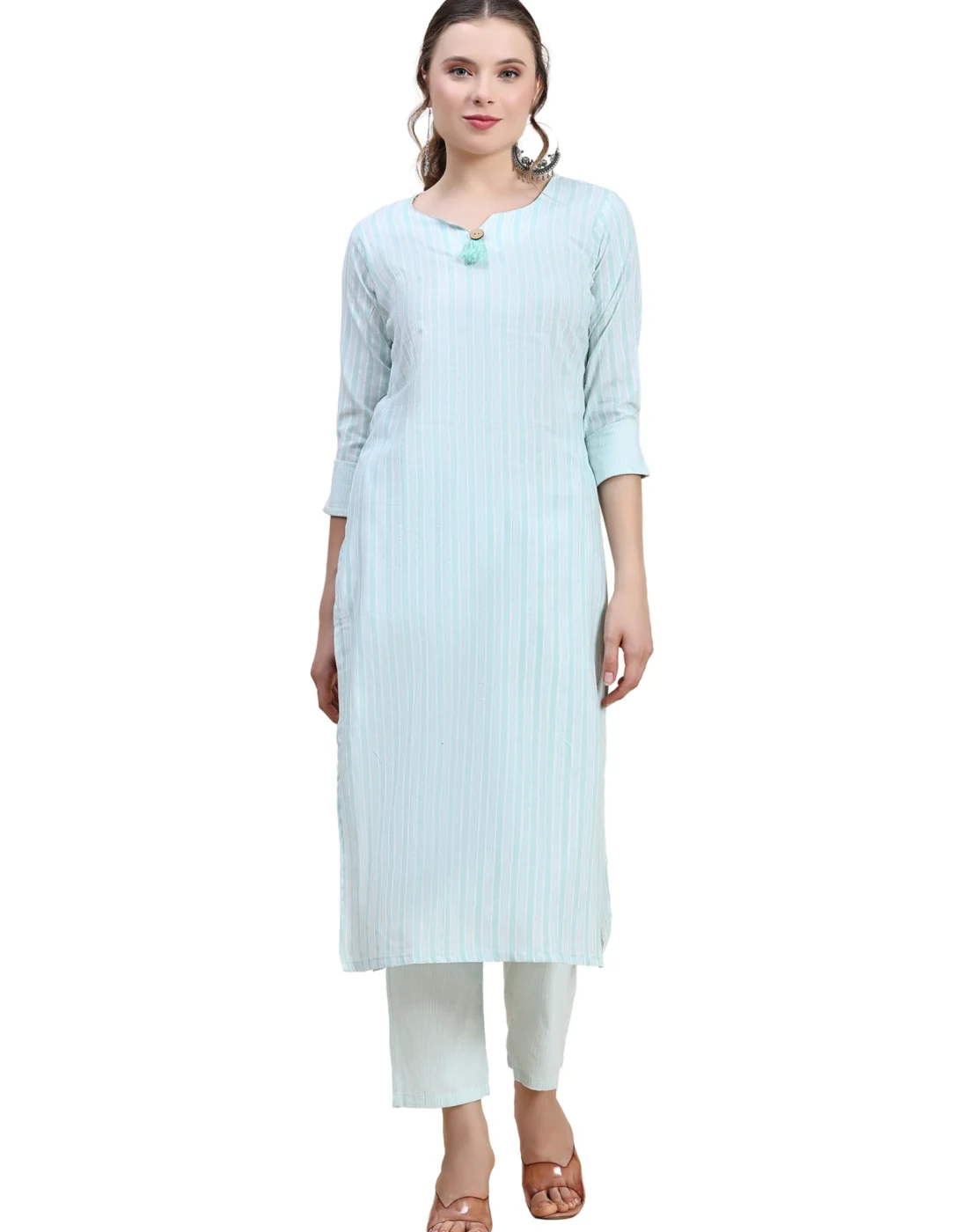 Elaaraa CottonFlex Kurti - Simple Front Side Full View - Light Blue