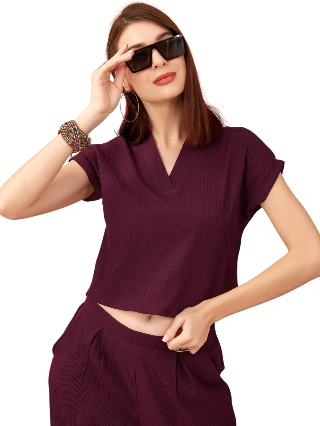 Elaaraa Solid Weaved Coords Set - Stylish Quick View - Wine