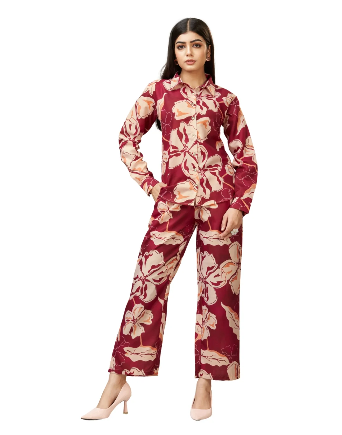 Elaaraa Cotton Blend Co-ord Set - Simple Front Side Full View