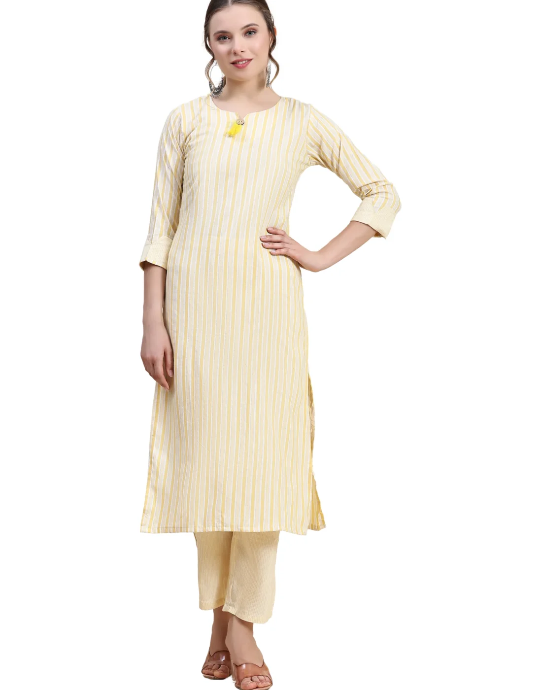 Elaaraa CottonFlex Kurti - Simple Front Side Full View - Yellow