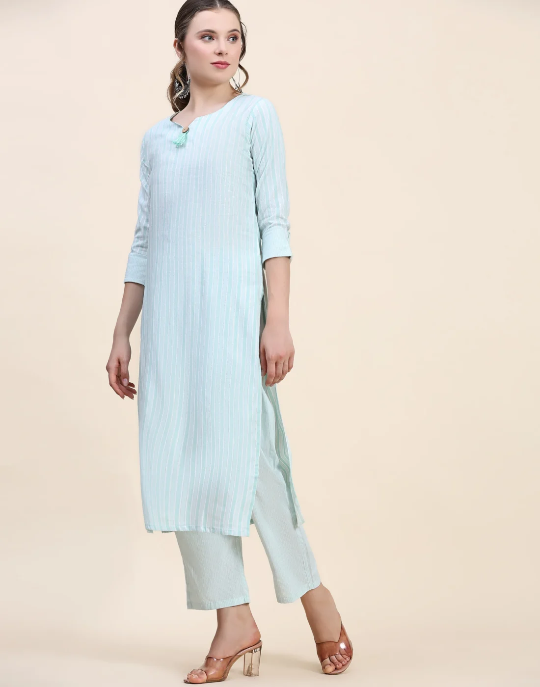 Elaaraa CottonFlex Kurti - Stylish Front Side Full View - Light Blue