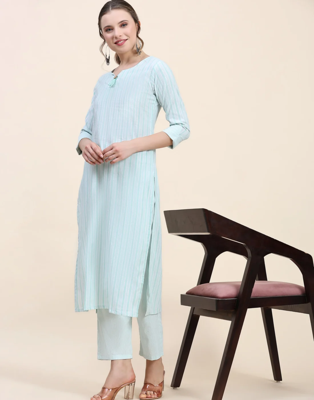 Elaaraa CottonFlex Kurti - Modern Front Side Full View - Light Blue