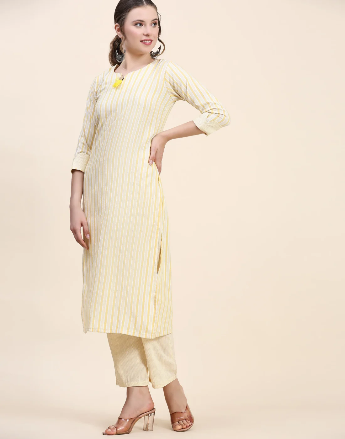 Elaaraa CottonFlex Kurti - Stylish Front Side Cross View - Yellow