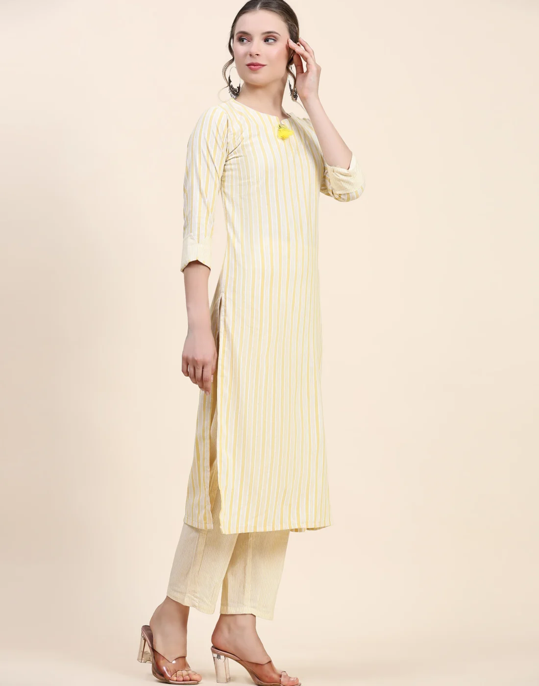 Elaaraa CottonFlex Kurti - Stylish Front Side Full View - Yellow