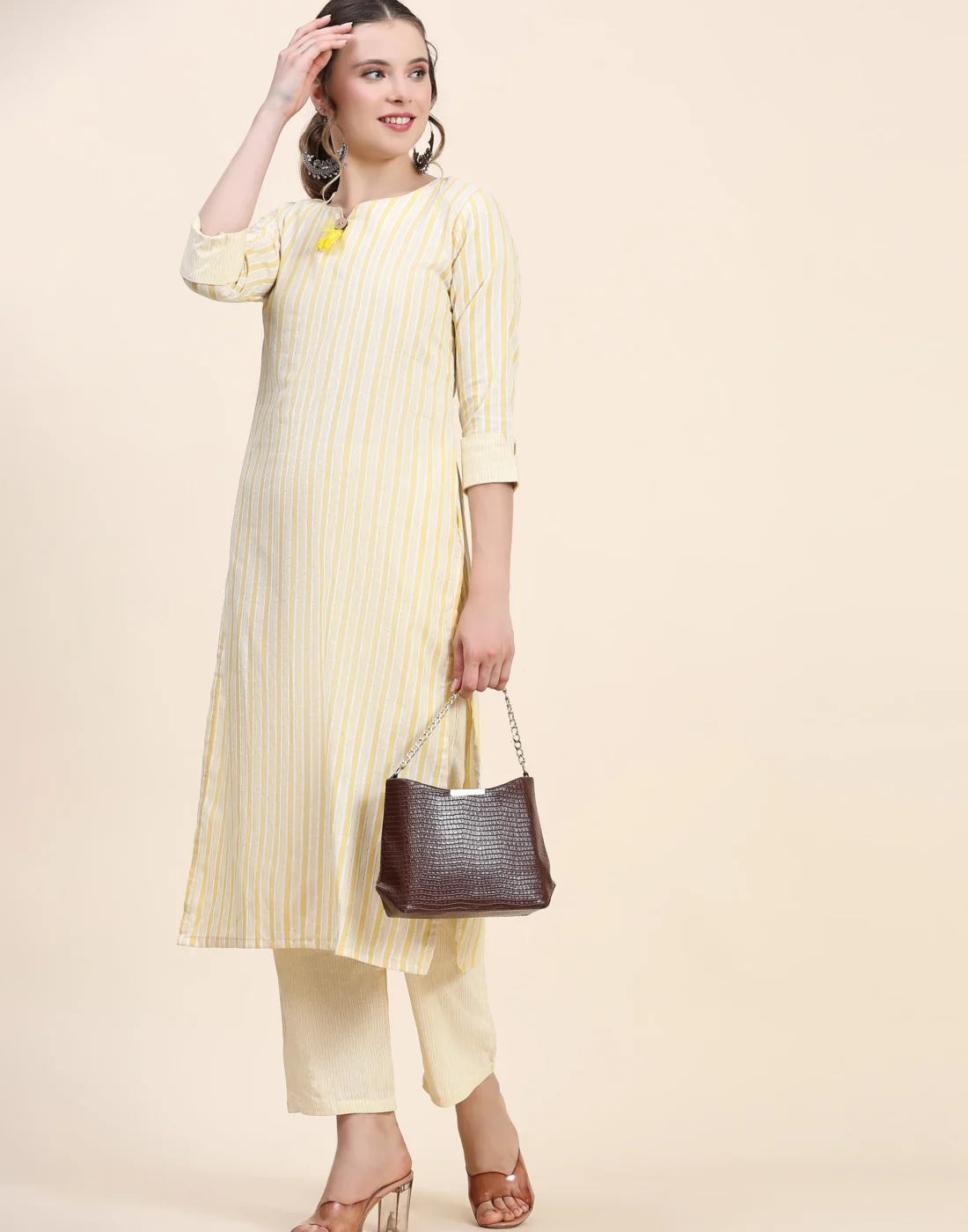 Elaaraa CottonFlex Kurti - Modern Front Side Full View - Yellow