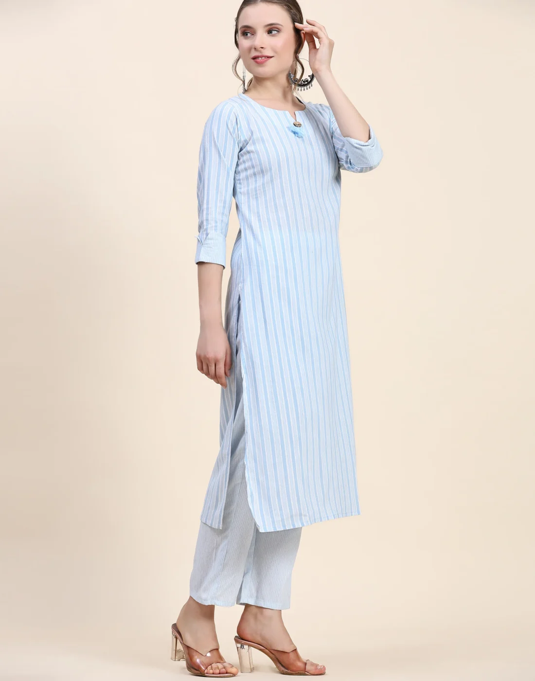 Elaaraa CottonFlex Kurti - Stylish Front Side Cross View - Blue