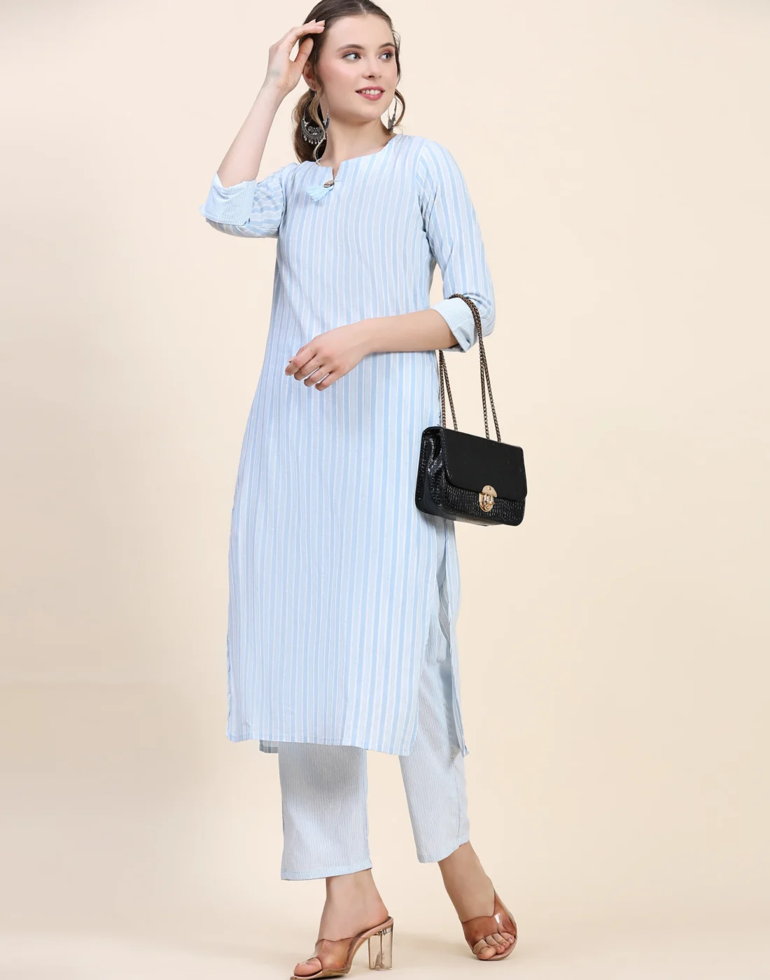 Elaaraa CottonFlex Kurti - Modern Front Side Full View - Blue