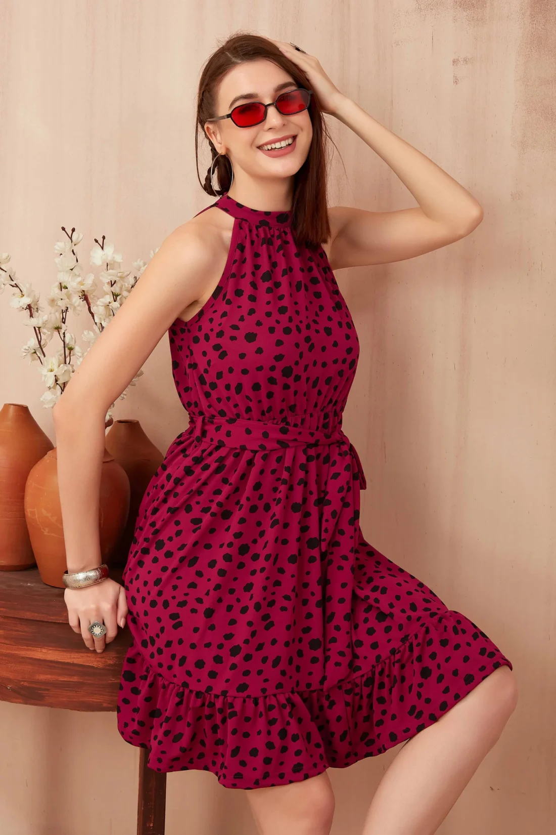 Elaaraa Halter Neck Dress - Stylish Quick View - Wine