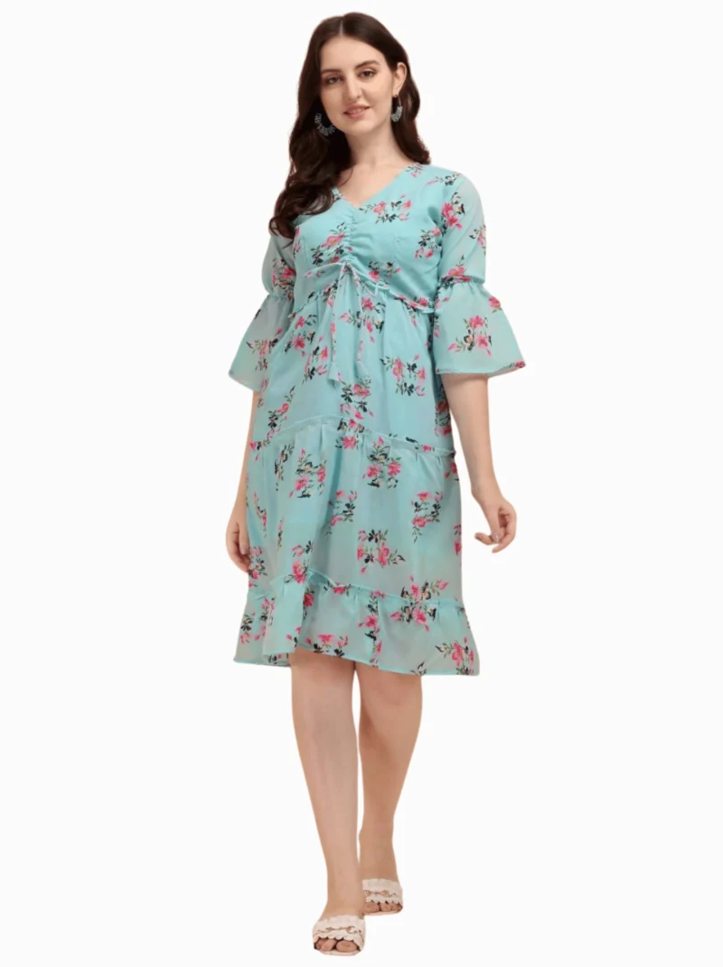 Elaaraa Flower Printed Dress - Simple Front Side Full View - Blue