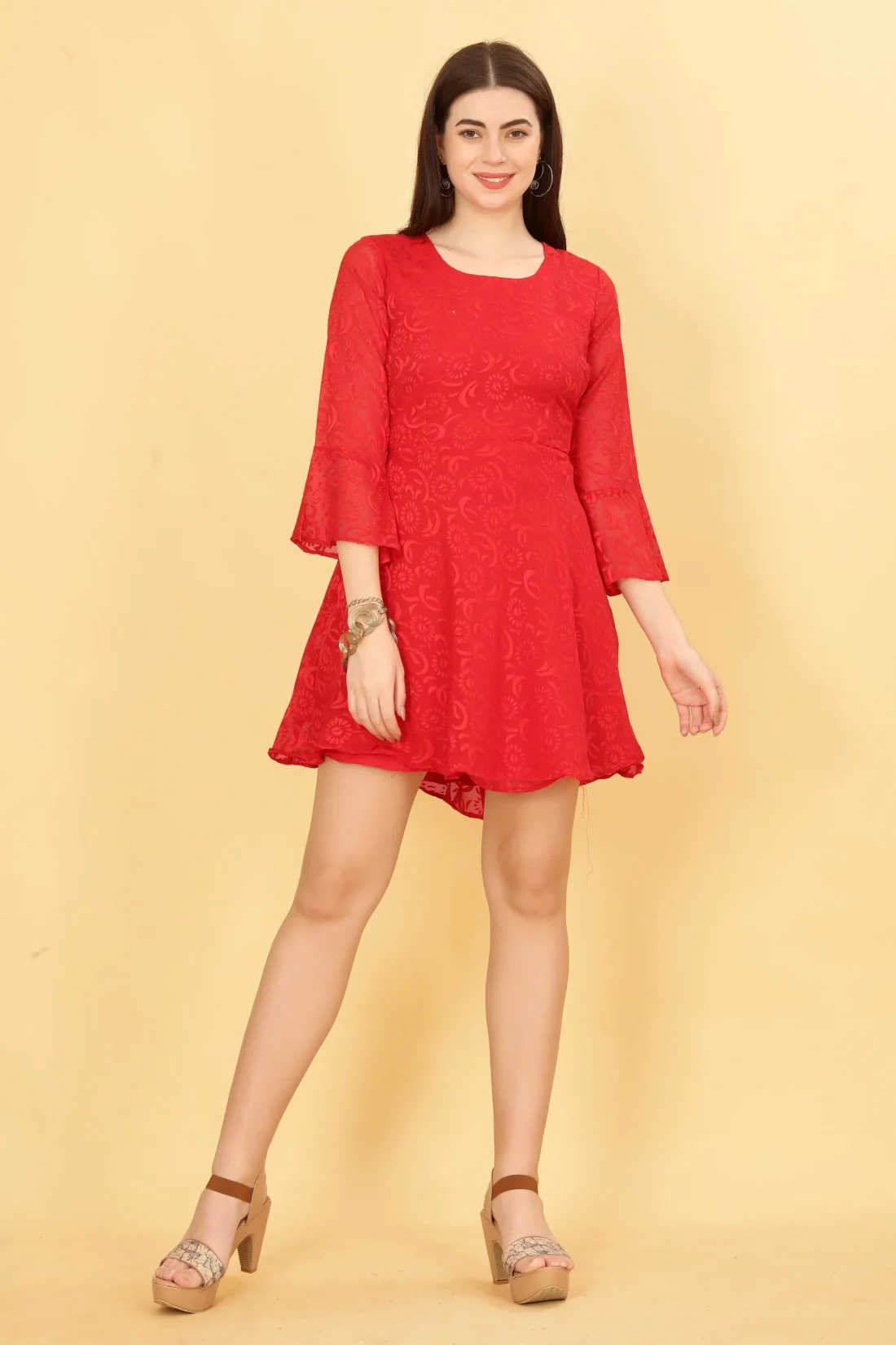 Elaaraa Floral Design Dress - Simple Front Side Quick View - Red