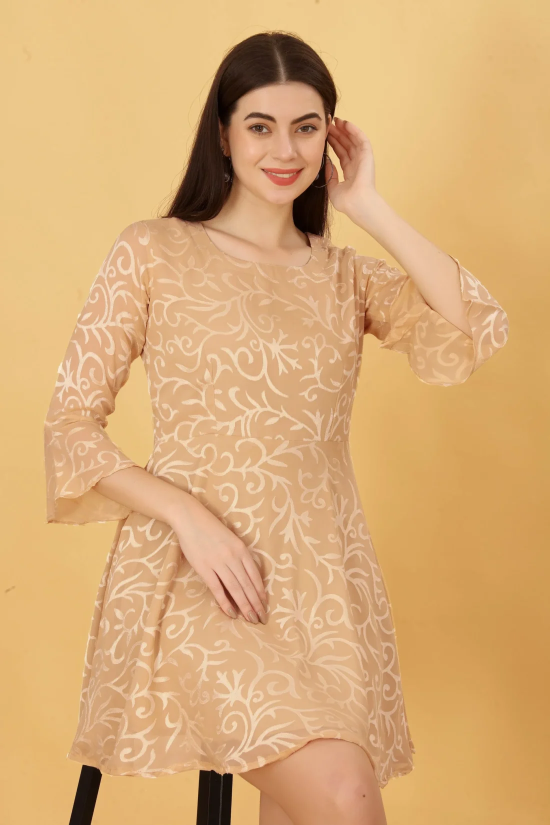 Elaaraa Floral Design Dress - Quick View - Golden