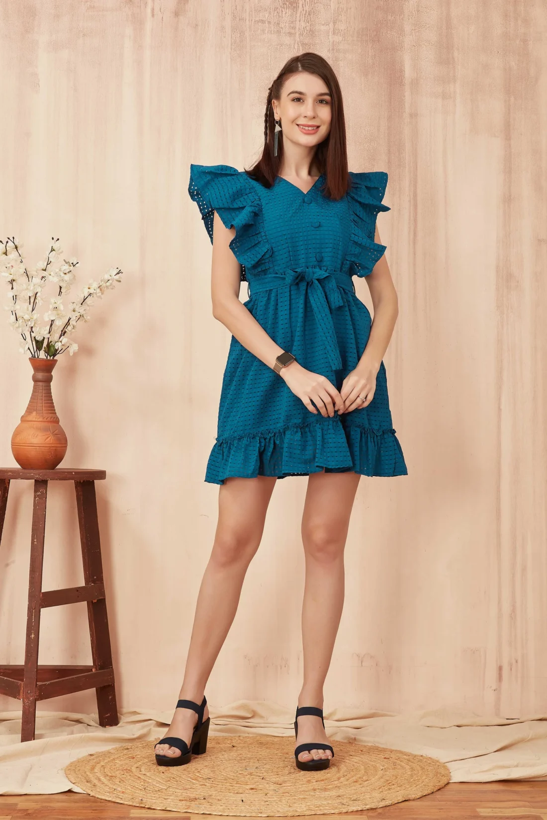 Elaaraa Butterfly Ruffle Dress - Simple Front Side Full View - Blue