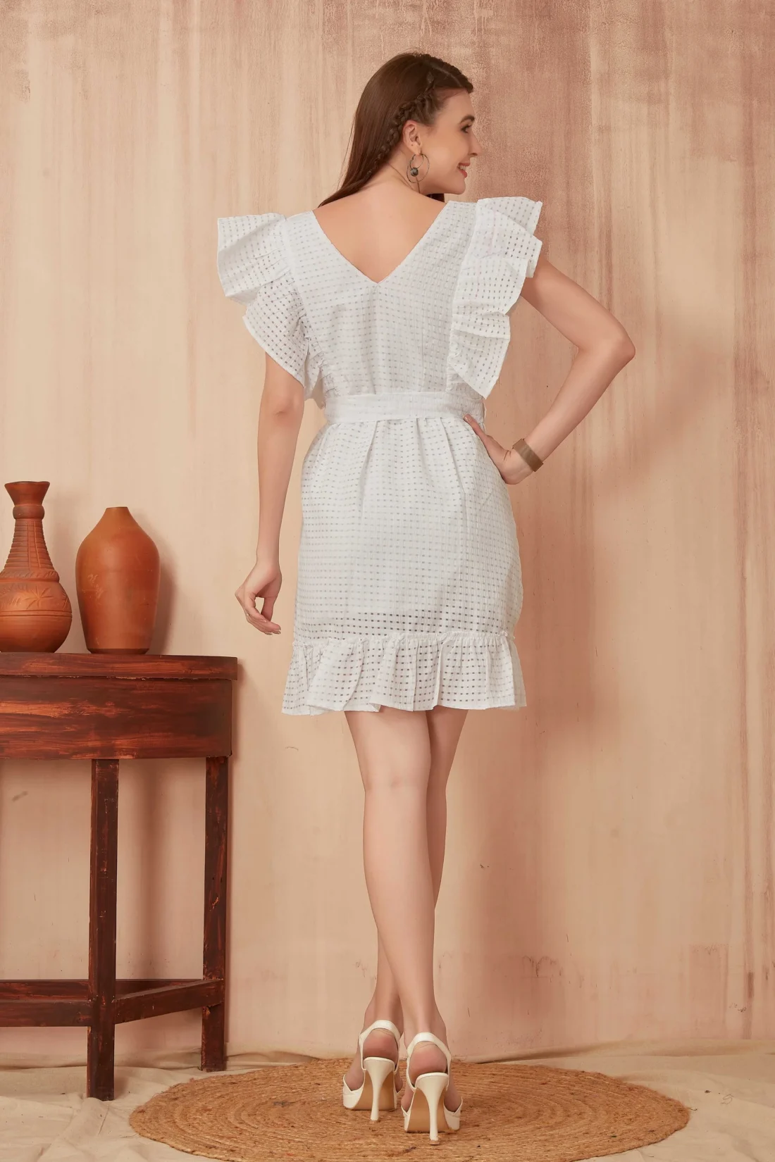 Elaaraa Butterfly Ruffle Dress - Simple Back Side Full View - White