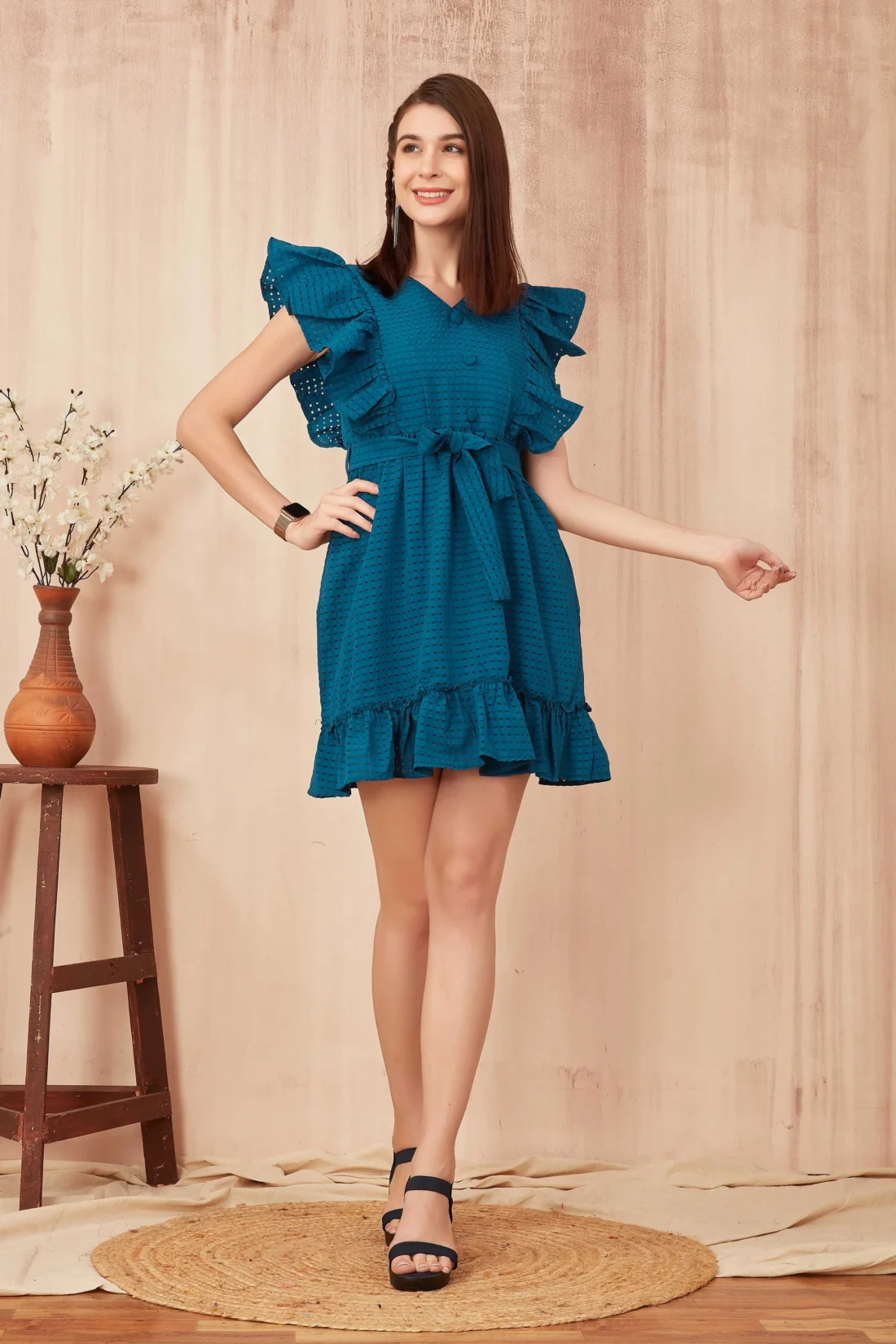 Elaaraa Butterfly Ruffle Dress - Stylish Front Side Full View - Blue