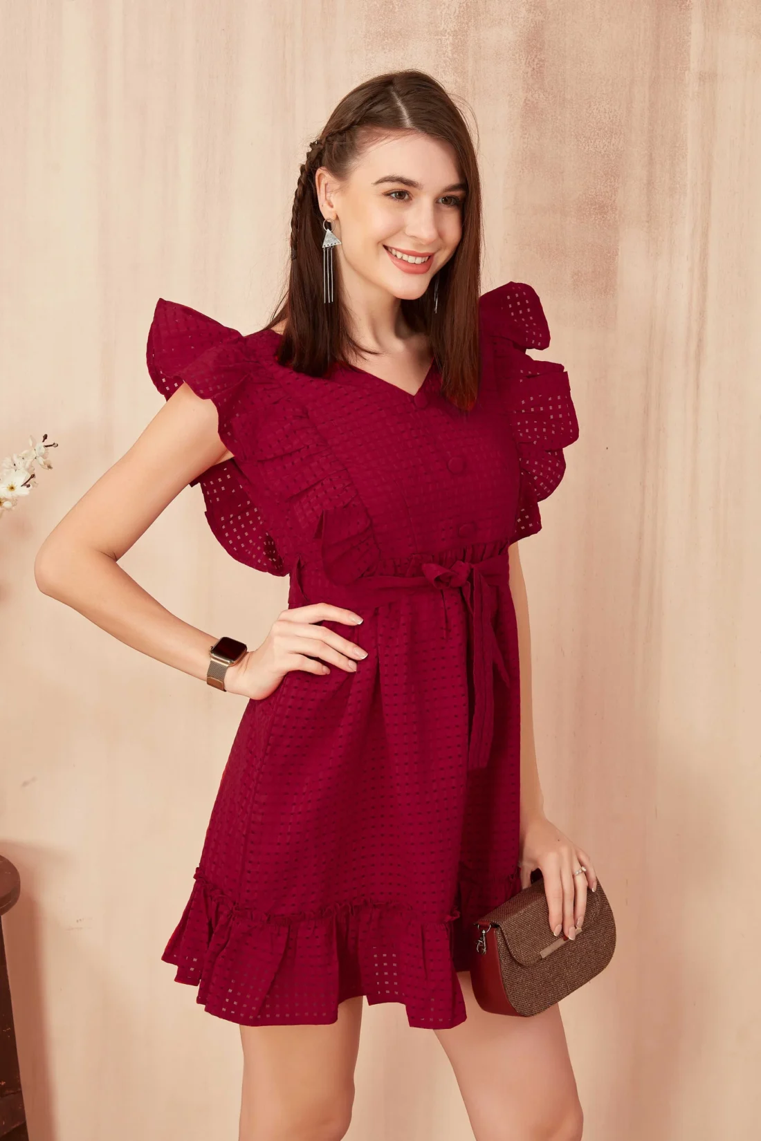 Elaaraa Butterfly Ruffle Dress - Simple Quick View - Maroon