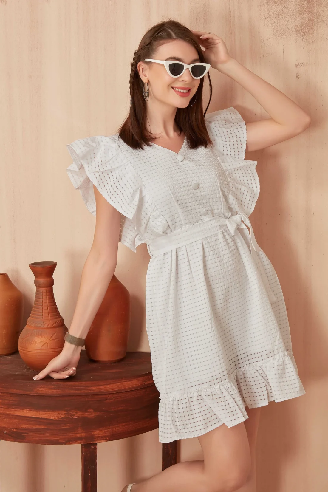 Elaaraa Butterfly Ruffle Dress - Stylish Quick View - White