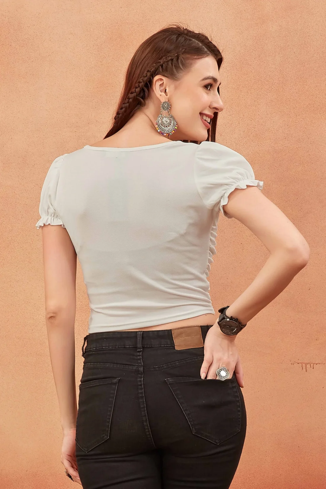 Elaaraa Gathered Puff Sleeves Crop Top-Back-White