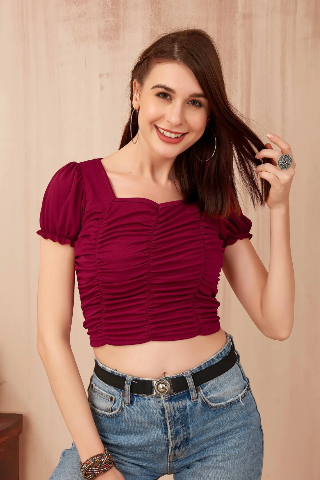 Elaaraa Gathered Puff Sleeves Crop Top-Zoom-Red