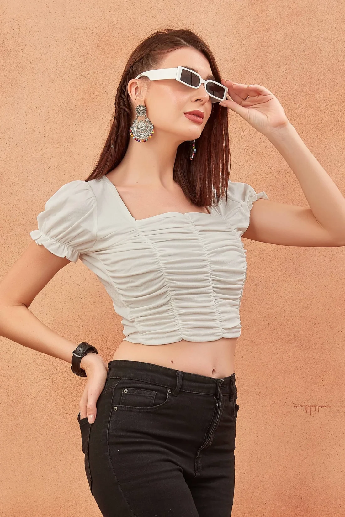 Elaaraa Gathered Puff Sleeves Crop Top-Side-White