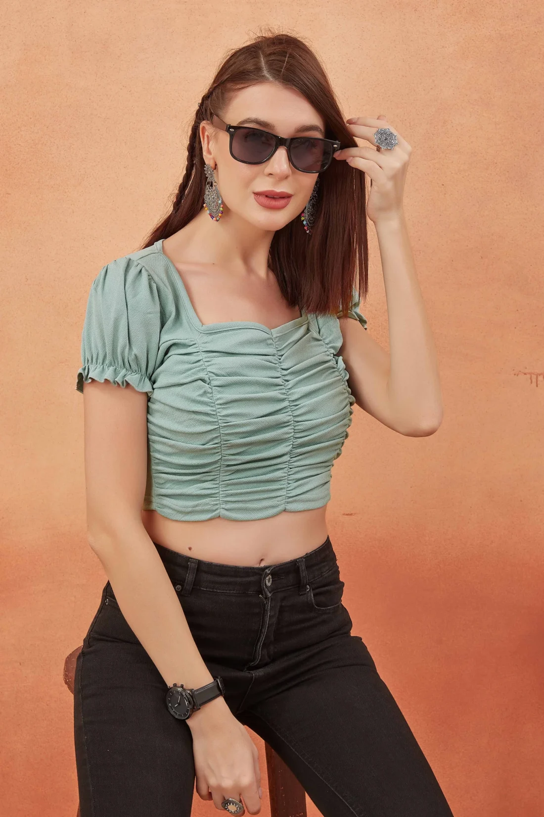 Elaaraa Gathered Puff Sleeves Crop Top-Zoom-Green