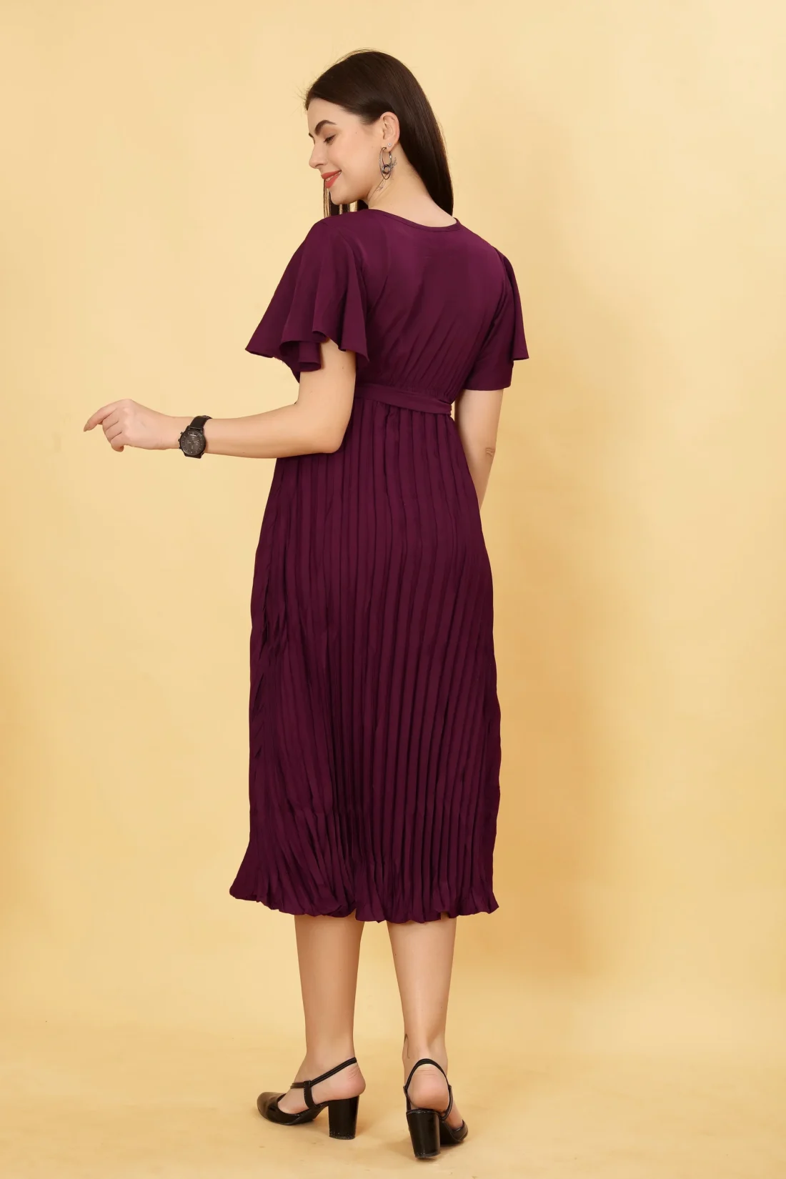 Elaaraa Solid Pleated Maxi Dress - Simple Back Side Full View