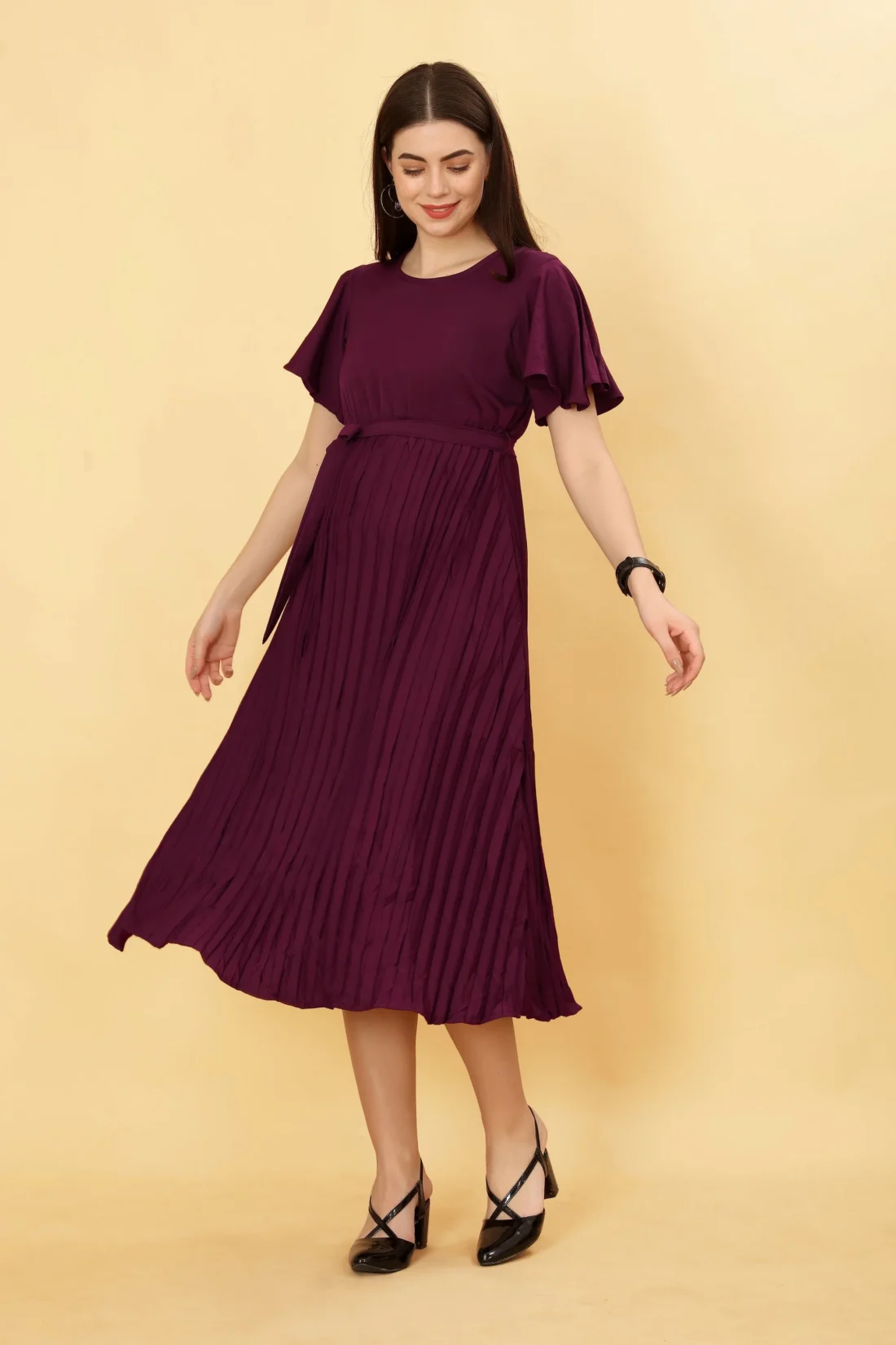 Elaaraa Solid Pleated Maxi Dress - Stylish Front Side Full View