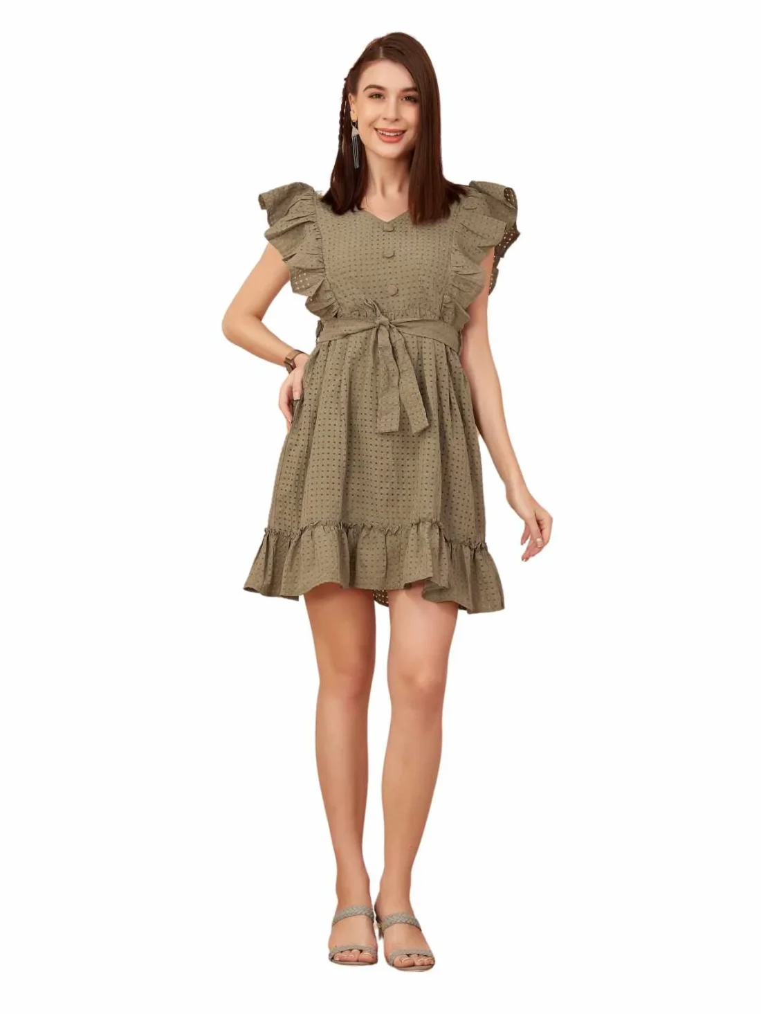 Elaaraa Butterfly Ruffle Dress - Simple Front Side Full View - Green