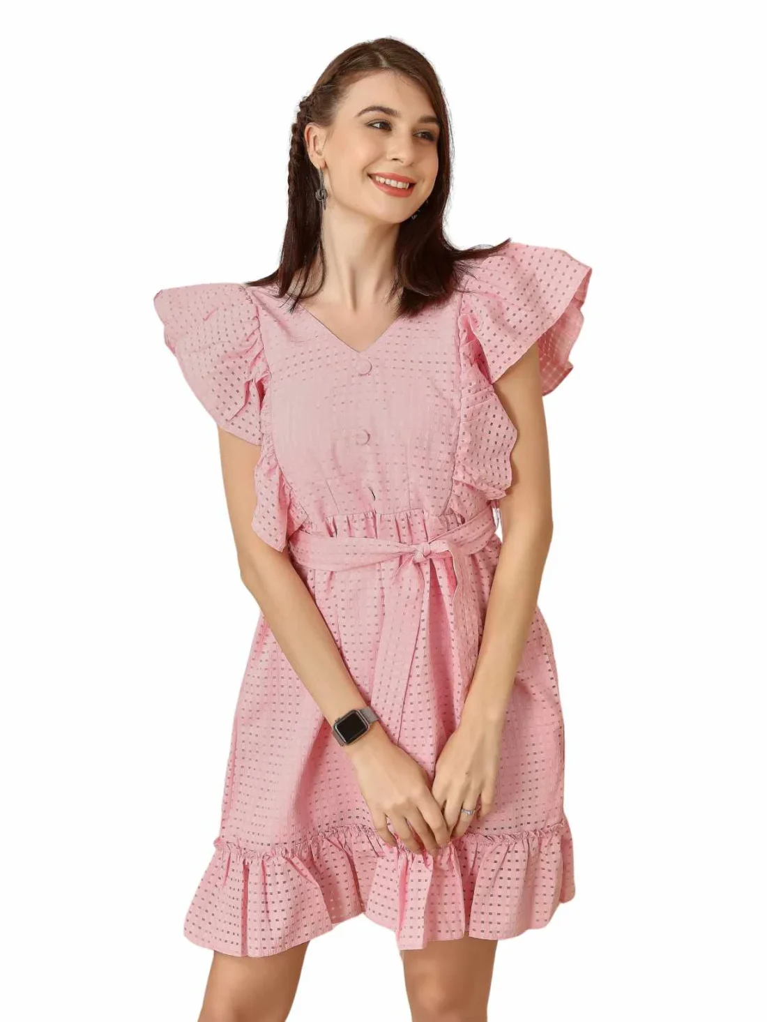 Elaaraa Butterfly Ruffle Dress - Stylish Quick View - Pink