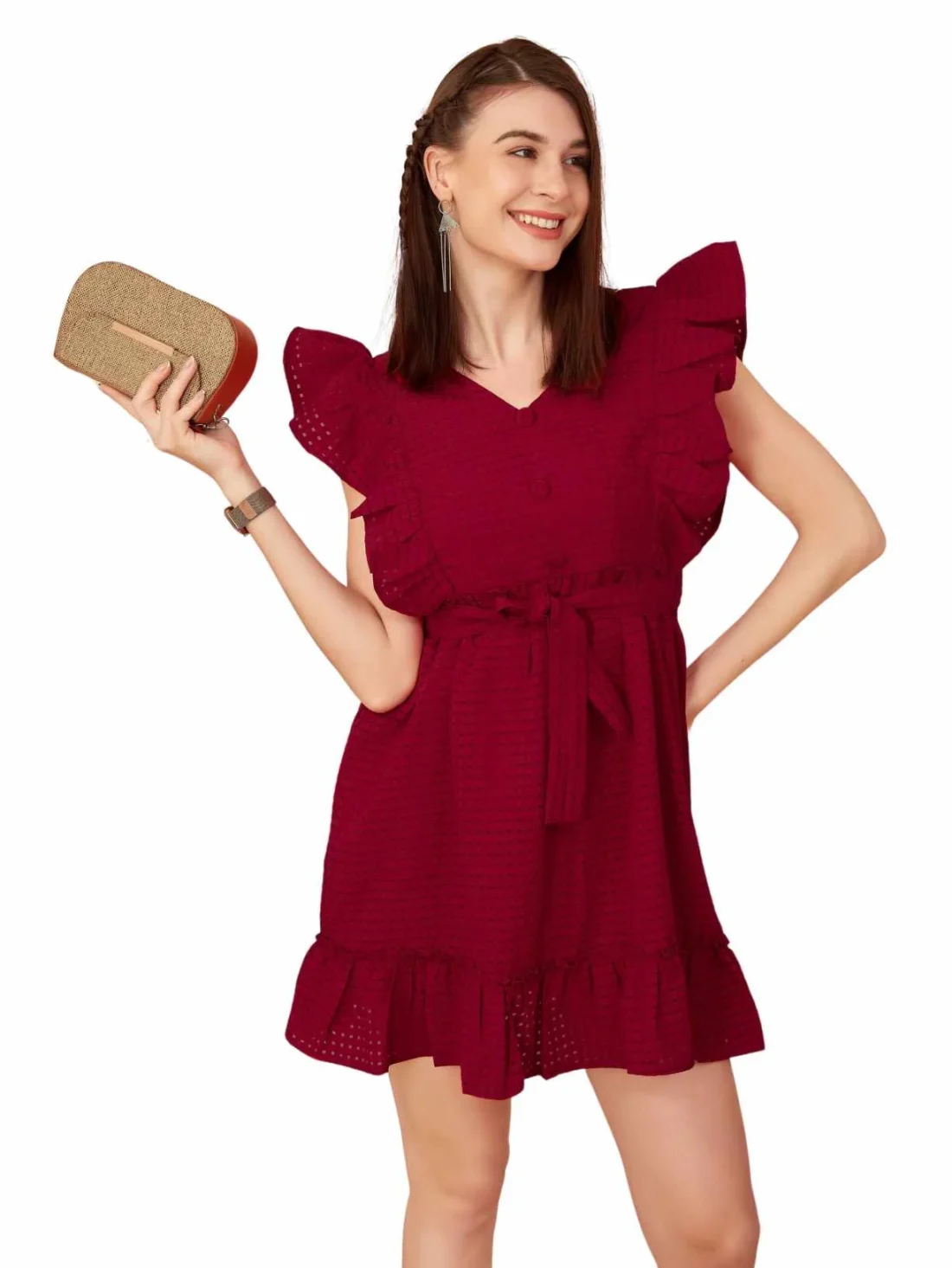 Elaaraa Butterfly Ruffle Dress - Simple Front Quick View - Maroon