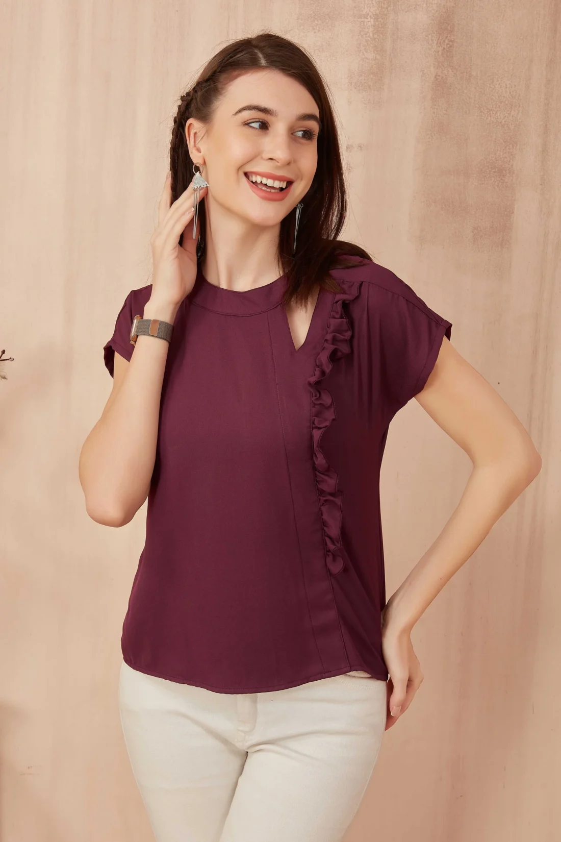 Elaaraa One Side Ruffled Casual Top-Back -Maroon