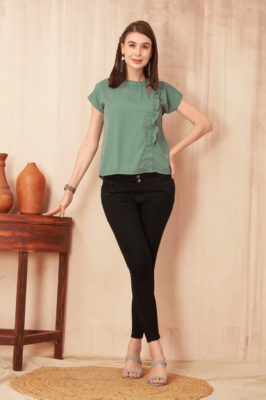 Elaaraa One Side Ruffled Casual Top-Full -Green