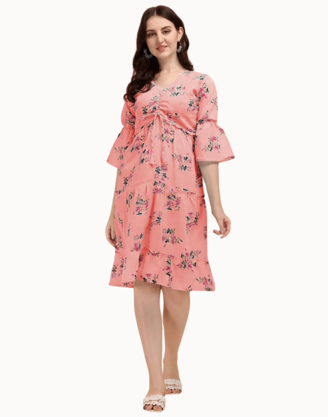 Elaaraa Flower Printed Dress - Simple Front Side Full View - Peach