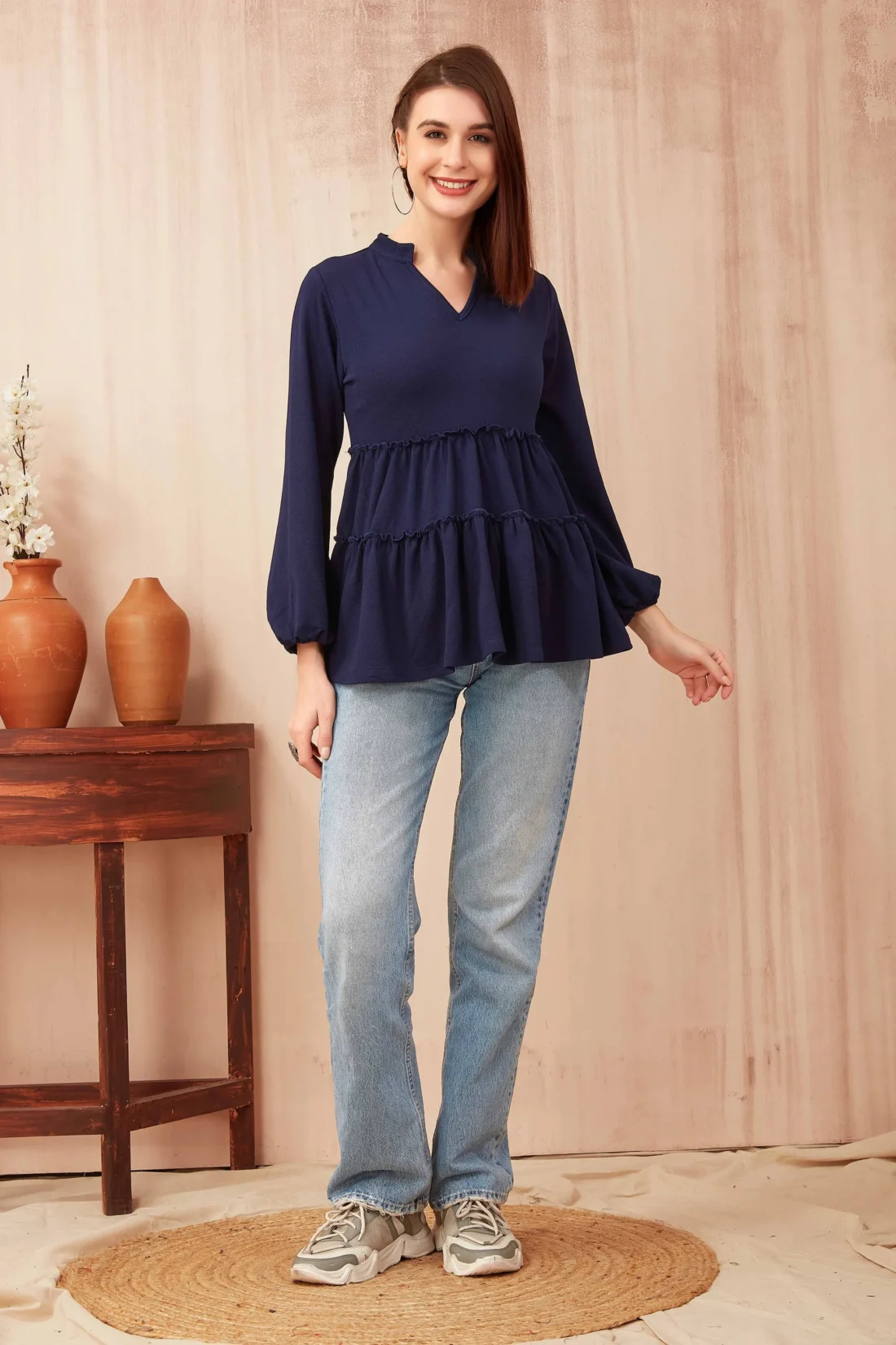 Elaaraa Relaxed Fit Tiered Solid Top-Full-Blue