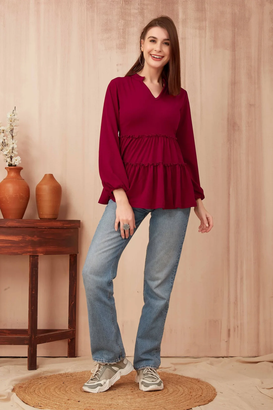 Elaaraa Relaxed Fit Tiered Solid Top-Full-Red