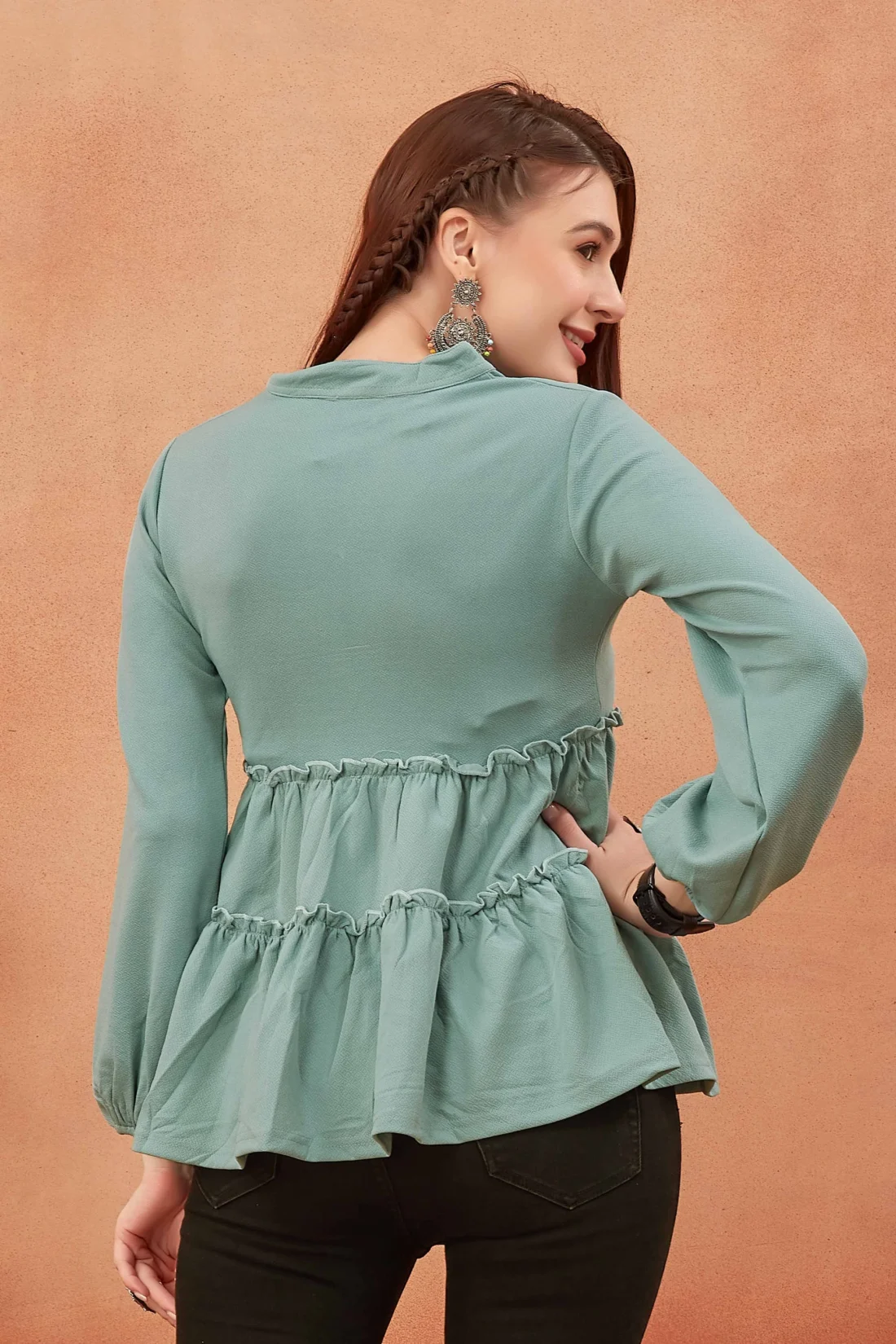 Elaaraa Relaxed Fit Tiered Solid Top-Back-Light Green