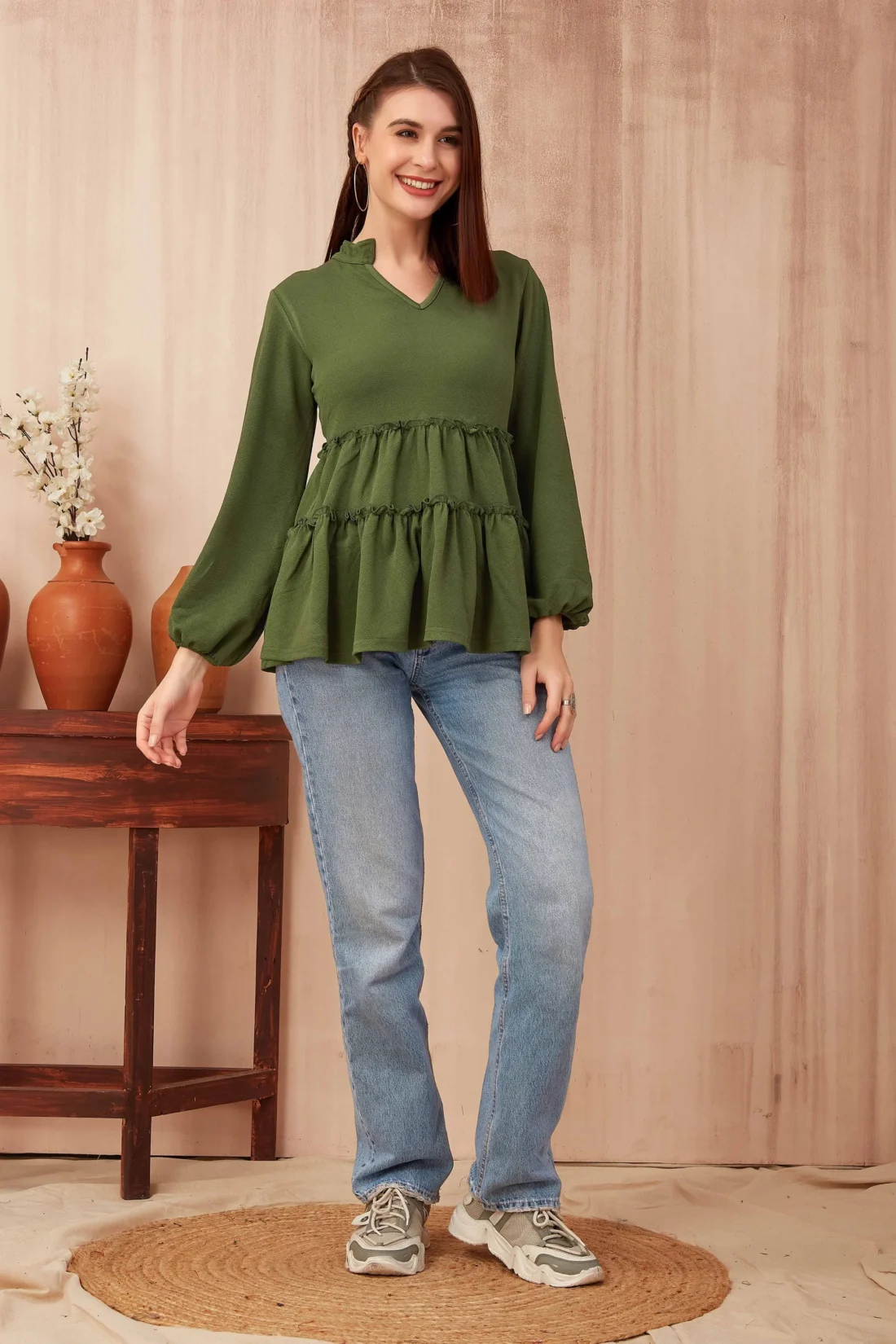 Elaaraa Relaxed Fit Tiered Solid Top-Full-Green