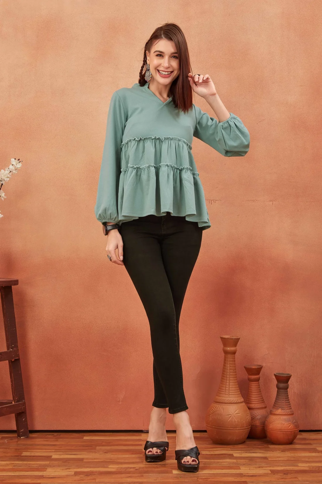 Elaaraa Relaxed Fit Tiered Solid Top-Zoom-Light Green