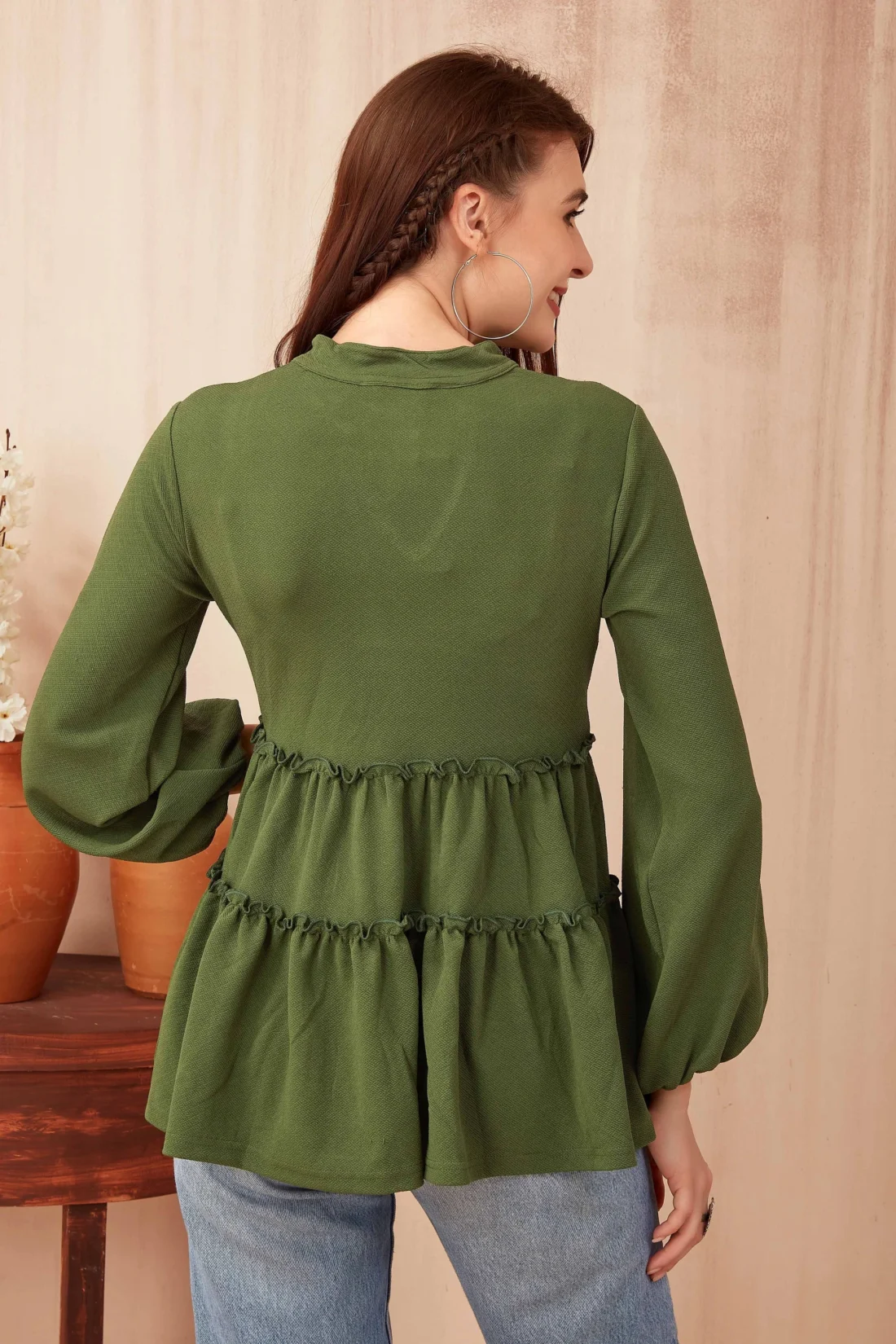 Elaaraa Relaxed Fit Tiered Solid Top-Back-Green