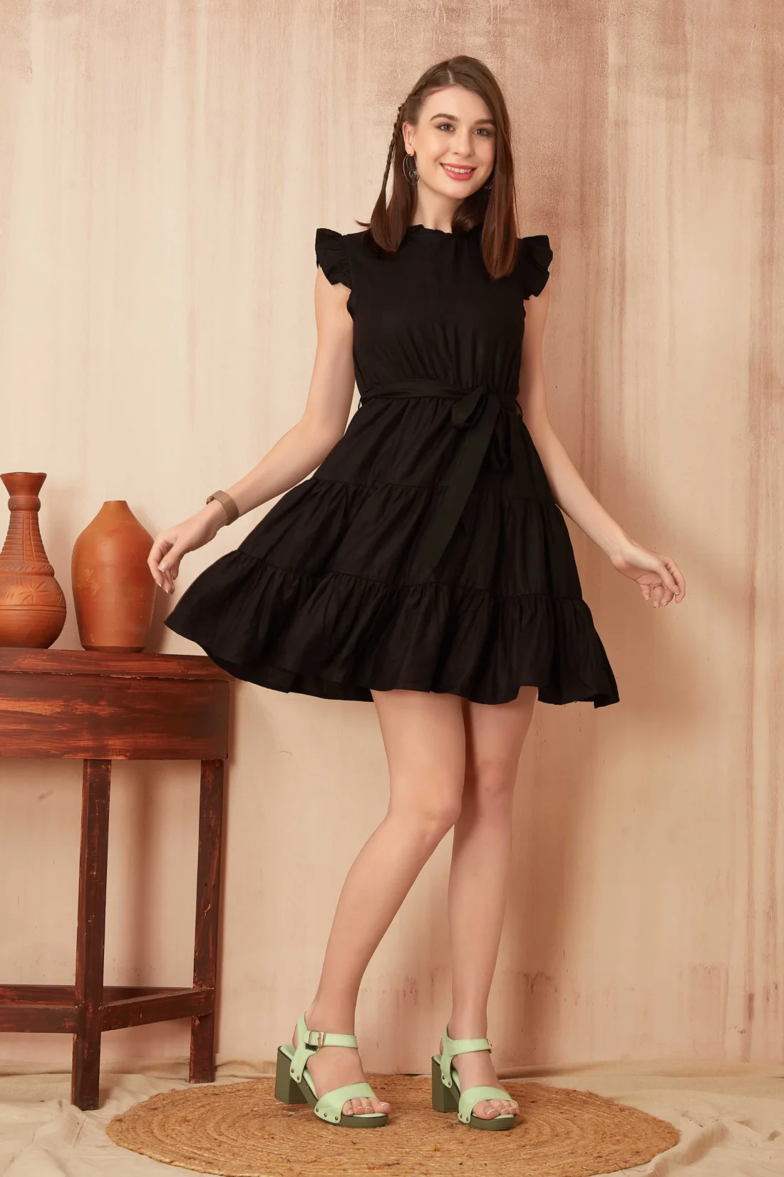 Elaaraa Ruffled Mini Tiered Dress - Stylish Front Side Full View - Black