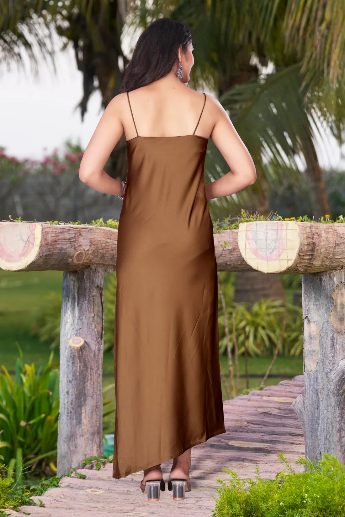 Elaaraa Cut and Cowl Neck Midi Dress - Simple Back SIde View - Brown