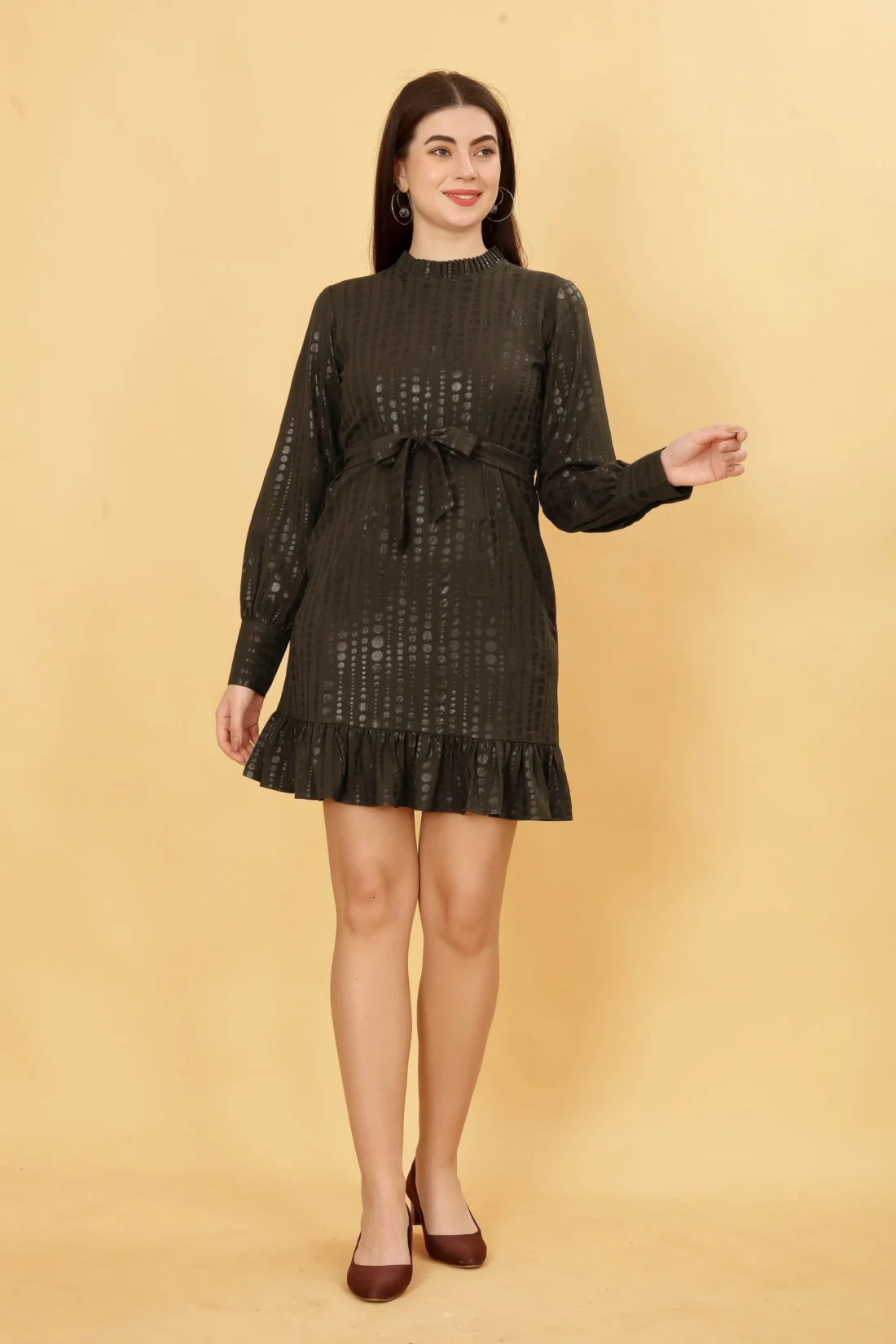 Elaaraa Self Geometric Dot Design Dress - Stylish Front Side Full View - Black