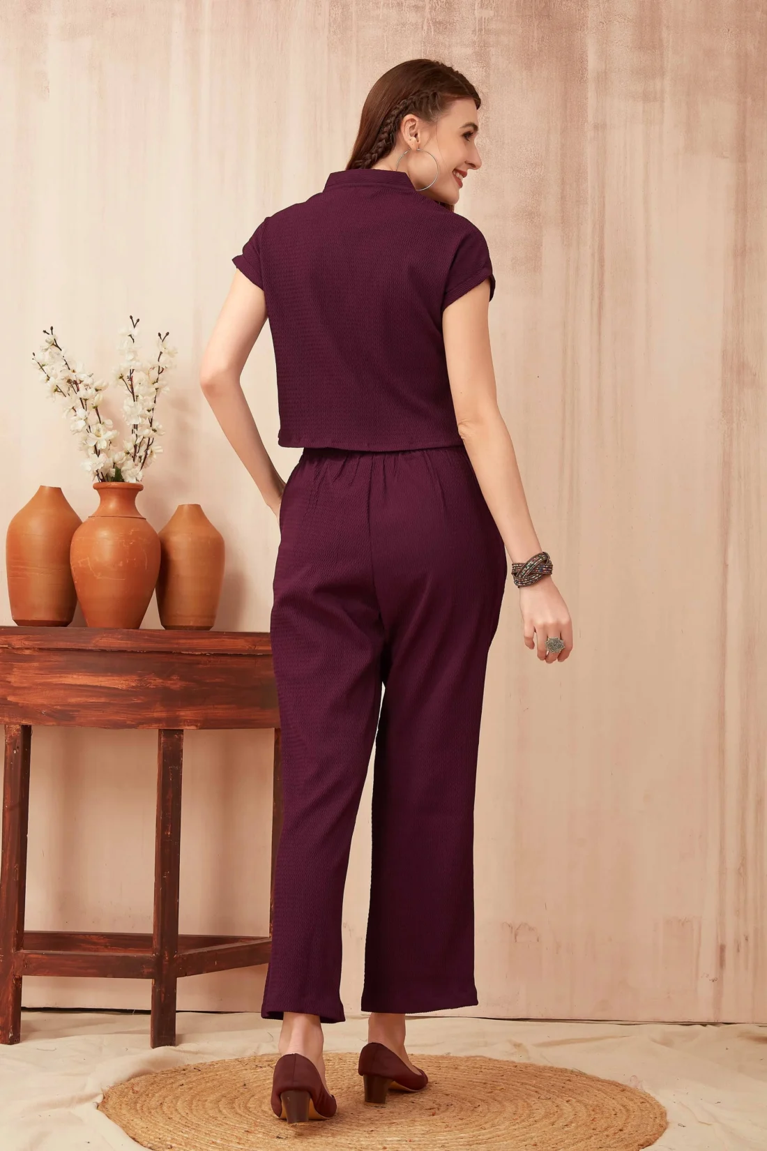 Elaaraa Solid Weaved Coords Set - Stylish Back Side Full View - Wine